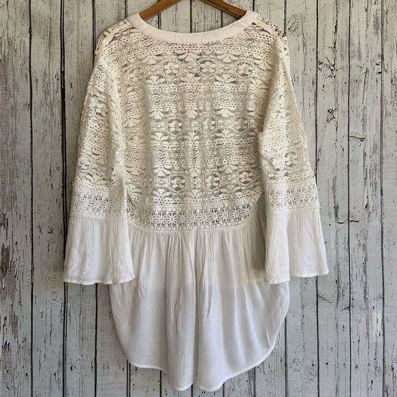 Chicos Lace Detail Popover Tunic Blouse Top Cream Bell Sleeves Feminine Size M - Picture 5 of 12